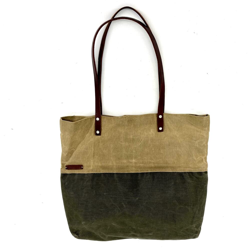 Gilly Bags two tone green canvas tote‎ bag leather handles